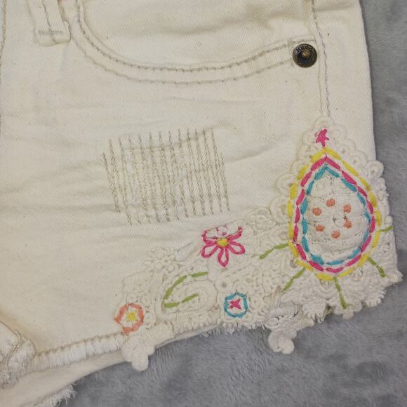 Y2K Mudd Crochet Low Denim Short Size 0 Cream Cutoff Shortie Festival Indie Boho - Picture 7 of 12